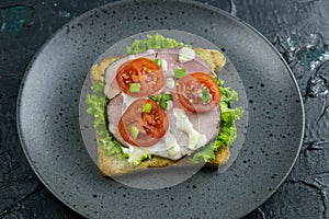 Sandwich with ham and tomatoes on gray plate