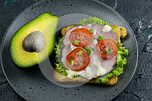 Sandwich with ham and tomatoes on gray plate with avocado