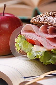 Sandwich with ham and vegetables and red apple vertical