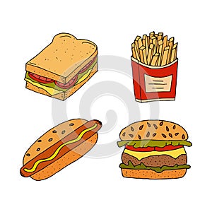 Sandwich, hamburger, cheeseburger, hot dog and fried potatoes. C