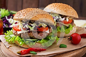 Sandwich hamburger with juicy burgers, cheese