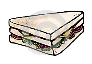 Sandwich hand drawn Cartoon style. Isolated on white background