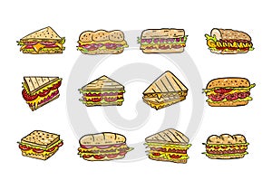 Sandwich hand drawn vector illustrtion set. Cartoon style. Isolated on white background