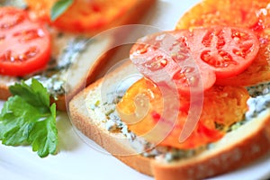 Sandwich of heirloom tomatoes with cilantro mayonnaise