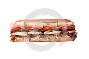 Sandwich isolated on white background. Hot toast with chicken, tomatoes and cheese. Food Image for menu card, web design