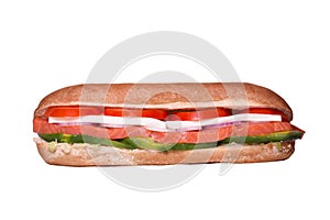 Sandwich isolated on white background. Hot toast with salmon, mozarella, tomatoes and cheese. Food Image for menu card