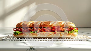 a sandwich with lard sprinkled with spices, beautifully arranged on a white rack against a light background, offering