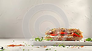 a sandwich with lard sprinkled with spices, beautifully arranged on a white rack against a light background, offering