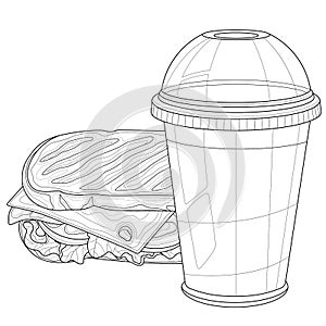 Sandwich with lemonade. Fast food.Coloring book antistress for children and adults. Illustration isolated on white