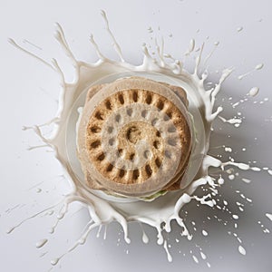 Sandwich like biscuit with perforated top layer splashed with white liquid photo