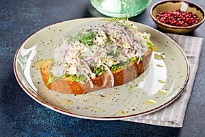 Sandwich with lingonberry and omul on a white round plate