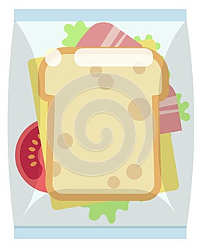 Sandwich in lunch pack. Food plastic bag cartoon icon