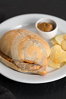 Sandwich with meat and potato on plate photo