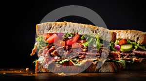 A sandwich with meat, vegetables and tomatoes on a dark surface, AI