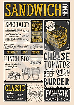 Sandwich menu restaurant, food template.