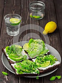 Sandwich with microgreens, cheese, avocado and spruce tips. Close-up, delicious and healthy vegetarian breakfast