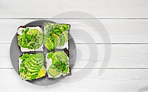 Sandwich with microgreens, cheese, avocado and spruce tips. Top view with copy space, tasty and healthy vegetarian breakfast, copy