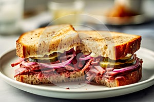 Sandwich with pastrami pickles and red onions on toasted sourdough bread on white plate. Nutritious food balanced diet