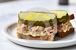 sandwich with pickles, tuna, and mayo on white plate