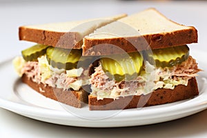 sandwich with pickles, tuna, and mayo on white plate