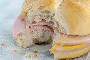 Sandwich with poor quality salami parizer made of a paste consist in pork scraps pig skin and other low quality meats poor poverty