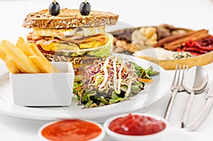 Sandwich with potato chips. Serve with salad. On white dish decorated beautifully.