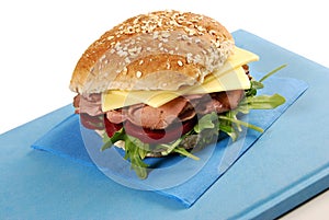 Sandwich of roast beef and chesse roll on book