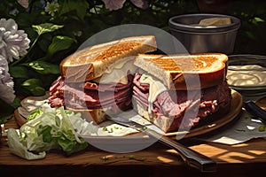 Sandwich with roast beef, ham, cheese and mayonnaise. Generative AI