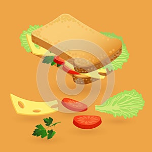 Sandwich with salad leaf, tomato and cheese. Vector.