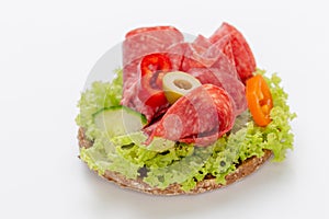 Sandwich with salami sausage on white background