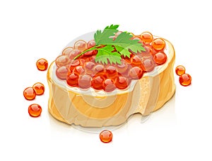 Sandwich with salmon caviar. Delicacy fish food. Vector illustration.