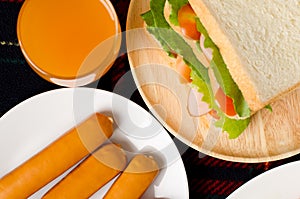 Sandwich,sausage and orange juice,Healthy breakfast