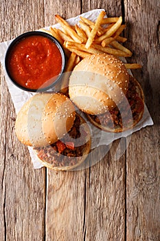 Sandwich Sloppy Joes with sauce and French fries close-up on the