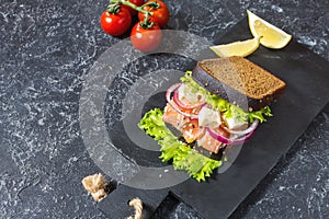Sandwich with smoked salmon, tomato, onions and salad on stone background
