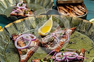 Sandwich smorrebrod with sprats, tomatoes and cream cheese on an old metal tray. Food recipe background. Close up