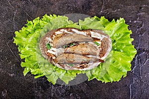 Sandwich with sprots and rye bread on lettuce leaves and concrete background