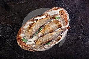 Sandwich with sprots on rye bread lies on a concrete background