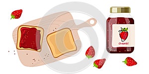 Sandwich with strawberry jam on cutting board. Confiture spreading on piece of toast bread, glass jar with jelly, fresh