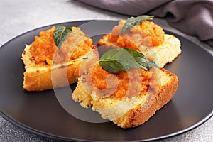 Sandwich with toast and zucchini caviar. Vegetable caviar on bread, a healthy vegetarian snack. Close up.