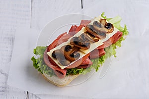 Sandwich with tomato cheese and champignon mushrooms