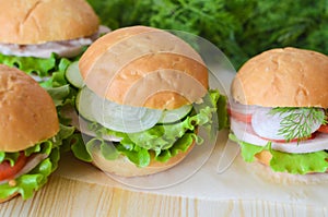 Sandwich with tomato, cucumber salad and ham and onion on a wooden table closeup in the background