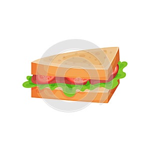 Sandwich with tomato, ham slices and lettuce vector Illustration on a white background