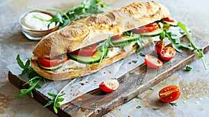 A sandwich with tomatoes, cucumbers and cheese