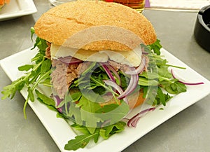 Sandwich with tuna fish, cheese, onions, rucola