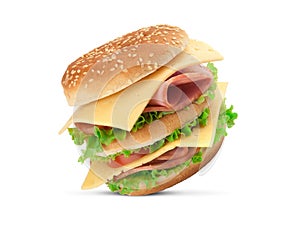 Sandwich with vegetables, bread and ham, isolated