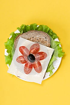 Sandwich with vegetables on a yellow background