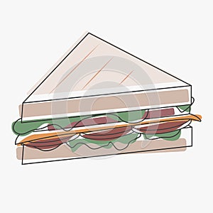 Sandwich. Watercolor sandwich icon. Triangular sandwich with meat, cheese, tomatoes and lettuce.