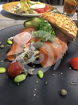 Sandwich wil salmon luch meal bread with vegetables photo