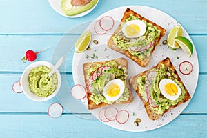 Sandwiches with avocado guacamole, fresh radish, boiled egg, chia and pumpkin seeds. Diet breakfast. Delicious and healthy plant-b