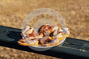 Sandwiches with Baikal omul on a white round plate. Fish dishes. High quality photo